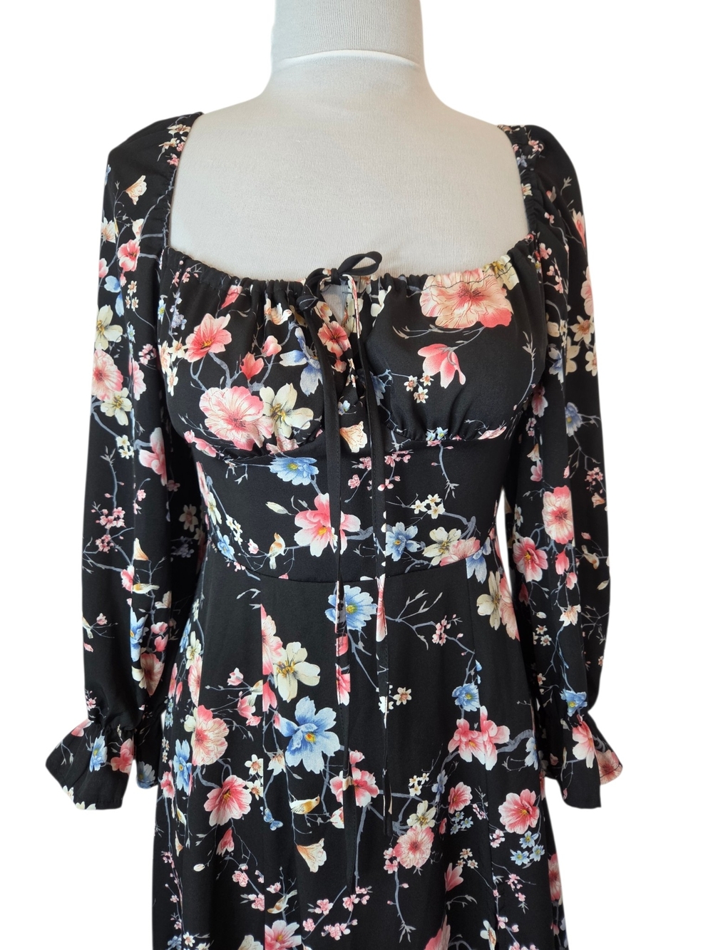 Shein Black Floral Square Neck-Line/Long Sleeve Maxi/Midi Dress Women's Size 6 - Picture 8 of 11